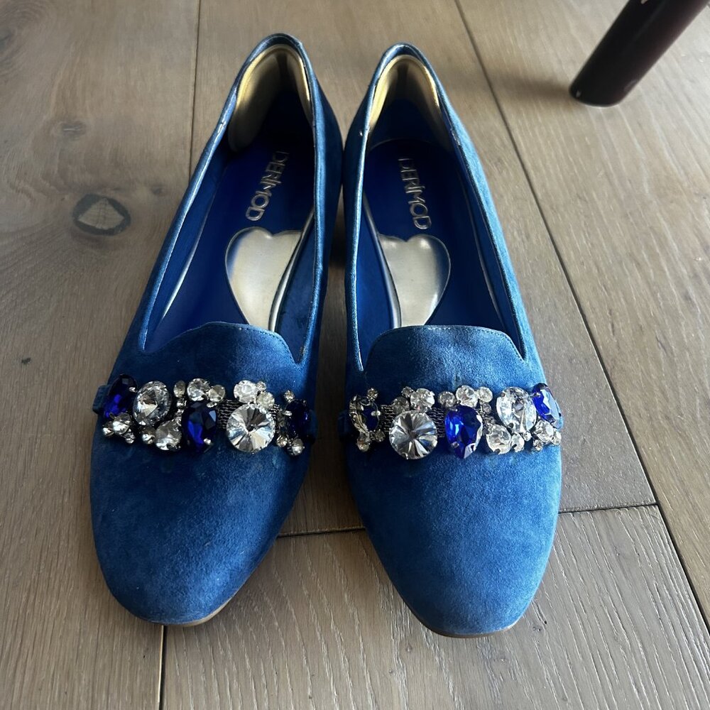 Derimod Women's Blue Suede Jewel Sapphire Blue Stones Ballerinas Size EU 37